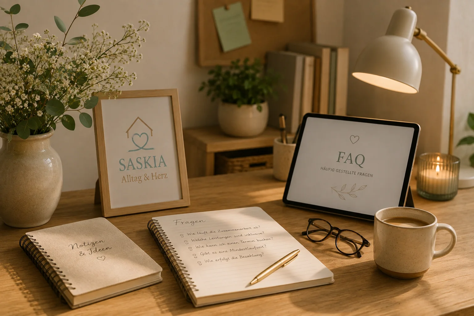 Ein gemütlicher Schreibtisch mit Blumen, Notizbüchern und einer FAQ-Anzeige