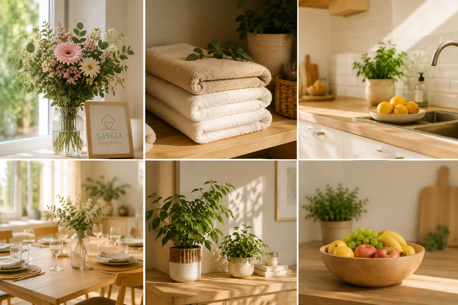 Eine Collage heller Wohnräume mit Blumen, Handtüchern, Küche und Pflanzen