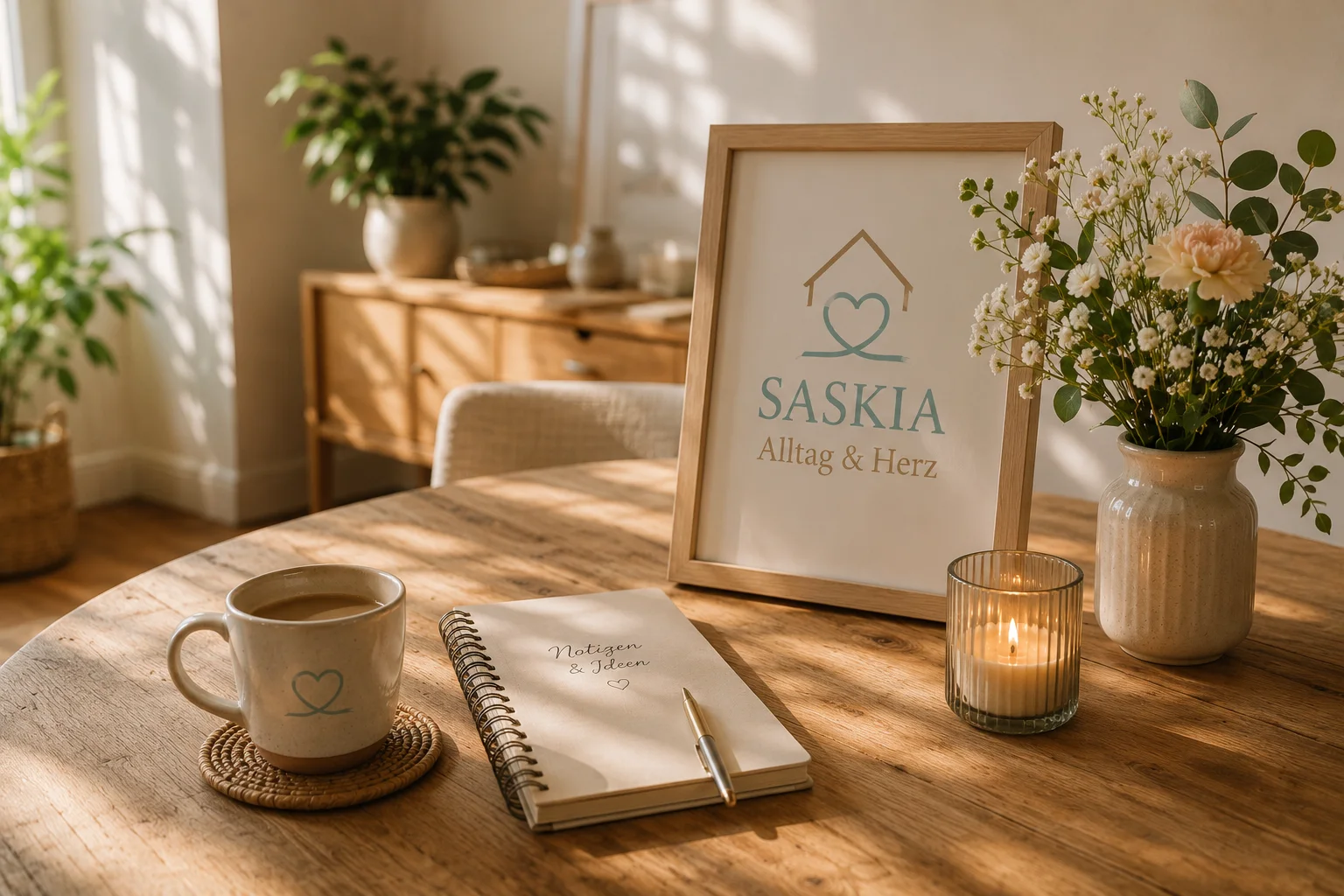 Ein heller, liebevoll eingerichteter Tisch mit Blumen, Notizbuch und dem Logo von Saskia – Alltag & Herz